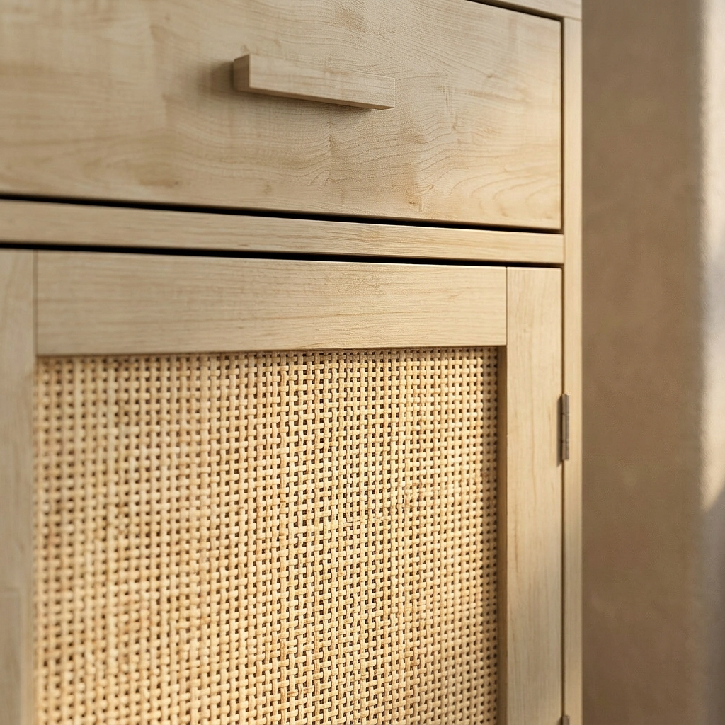Boho rattan nightstand with drawer, front view
