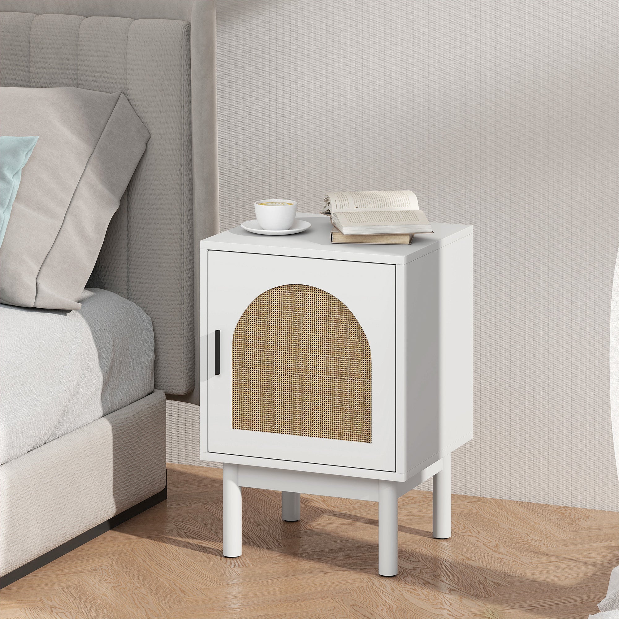 Boho white rattan bedside cabinet, front view