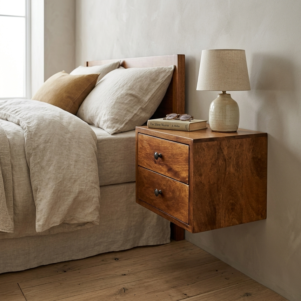 Chestnut floating nightstand mounted on a wall