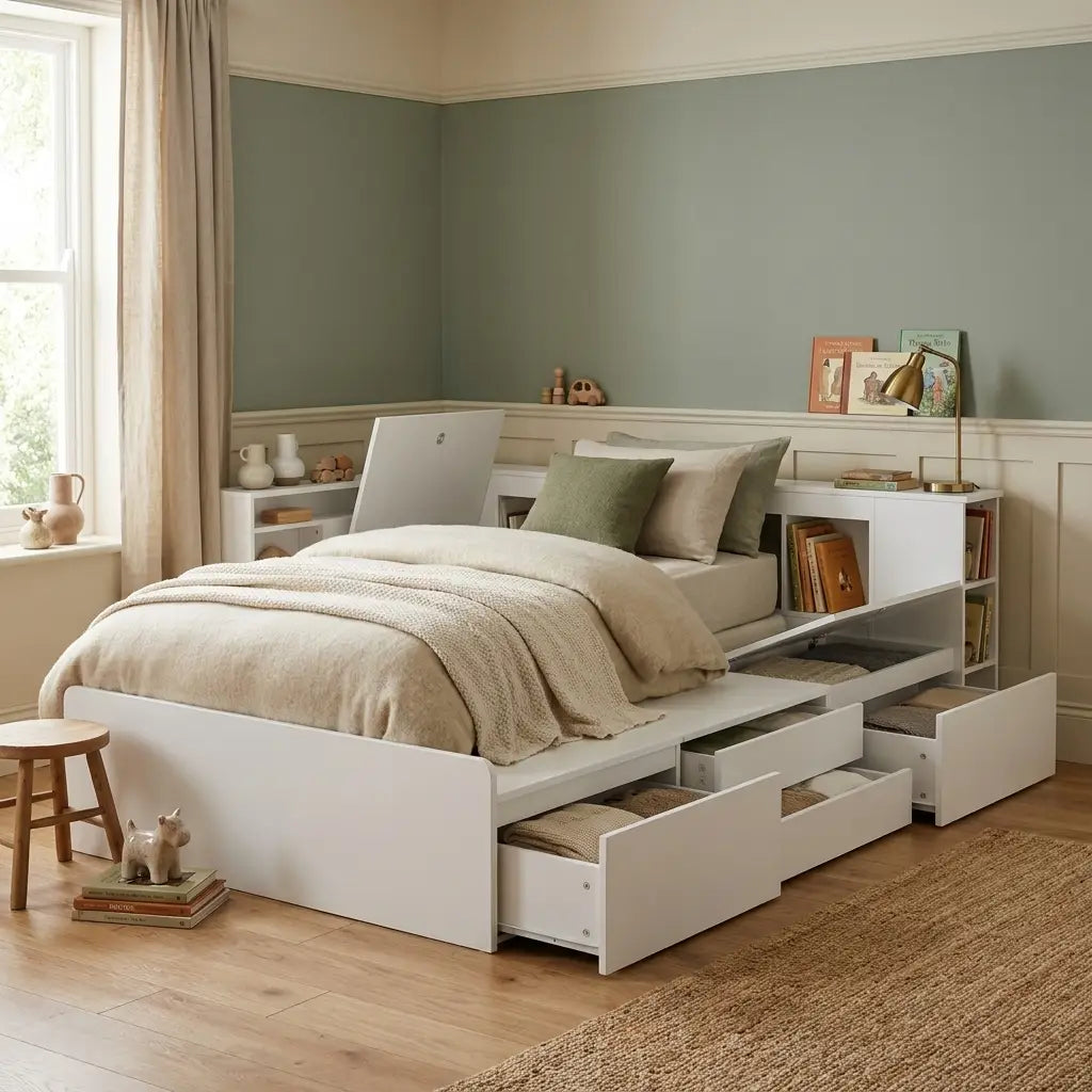 White children’s storage bed with drawers and bookcase three-quarter product view in a children’s bedroom