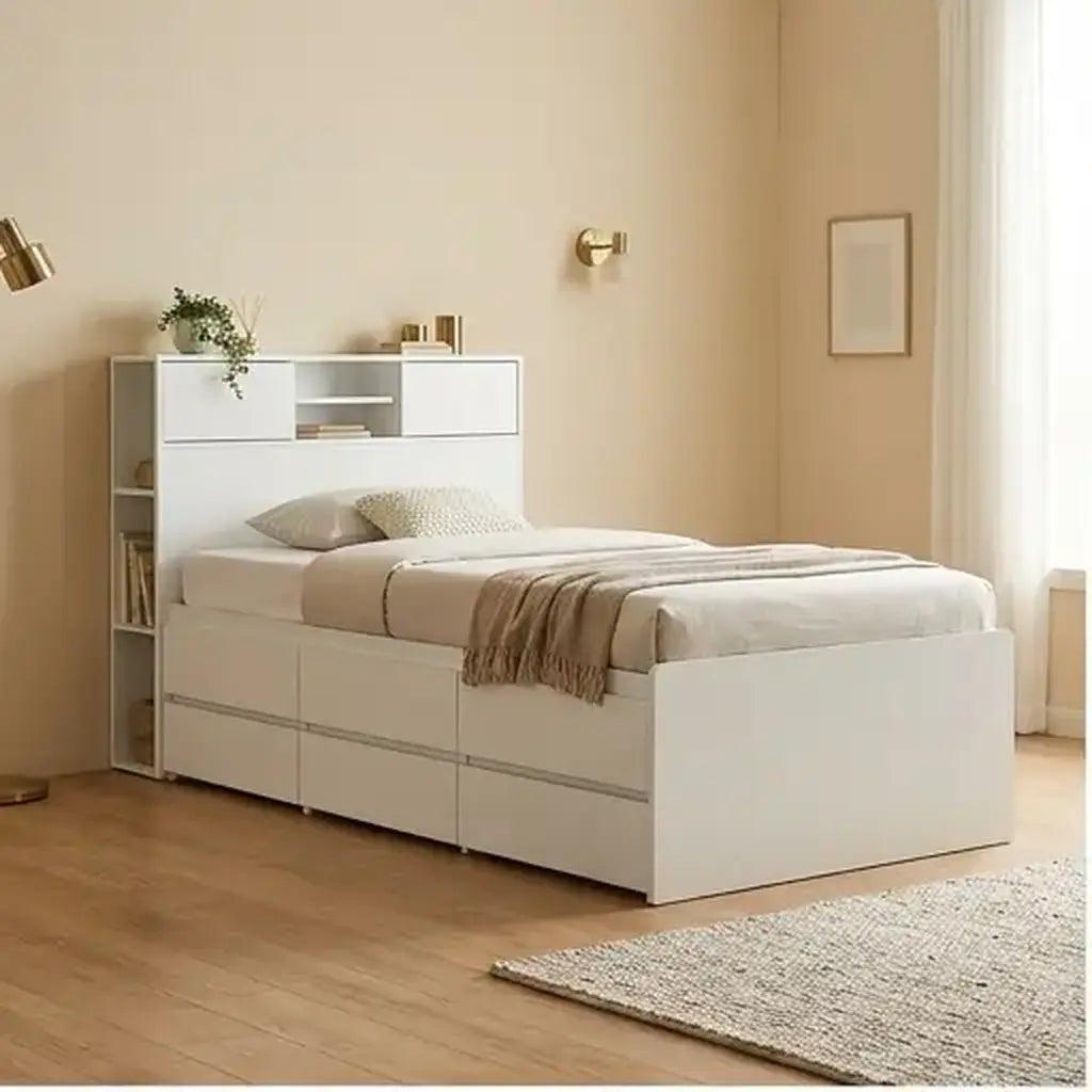White children’s storage bed with drawers and bookcase with warm natural wood styling in a children’s bedroom