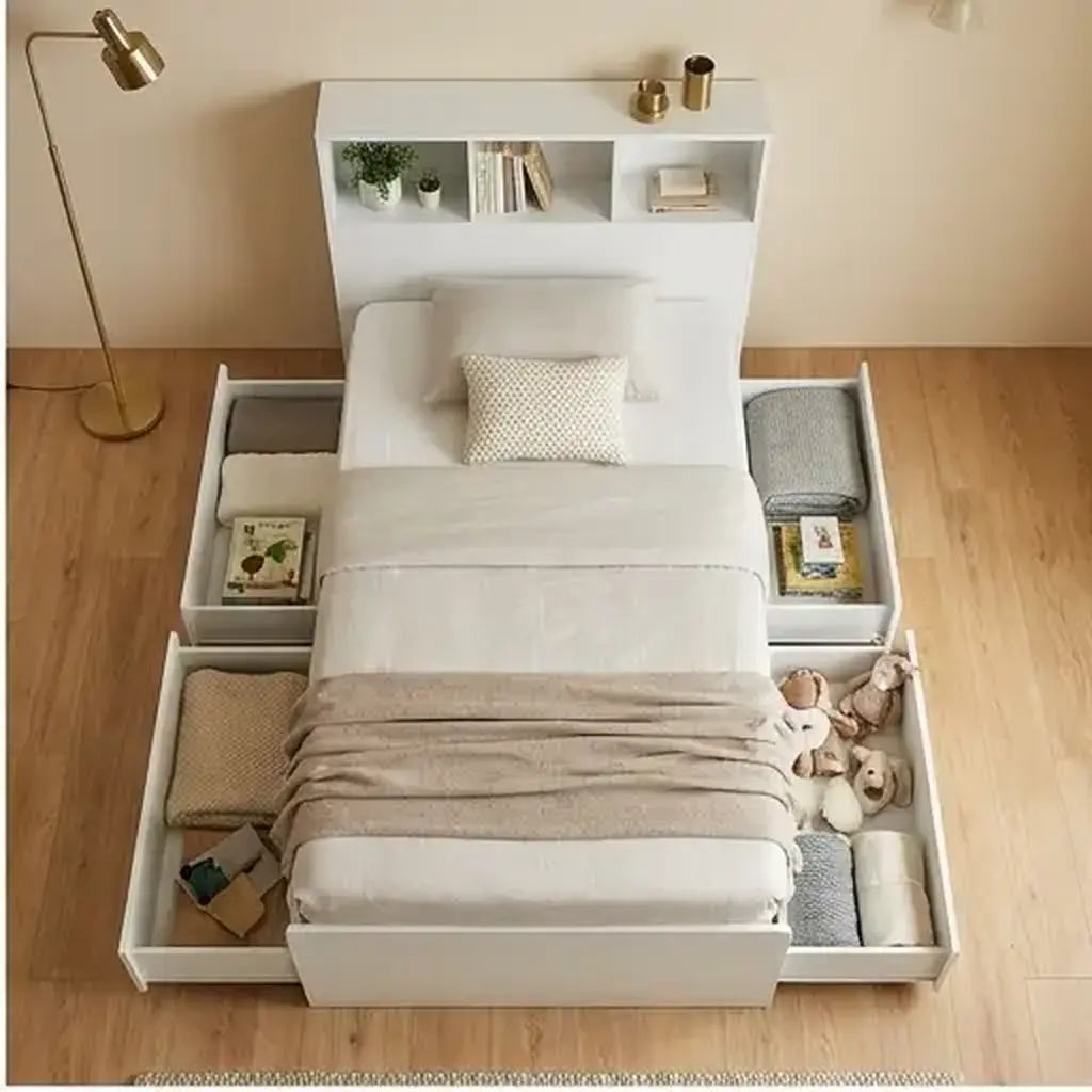 White children’s storage bed with drawers and bookcase in soft natural daylight in a children’s bedroom