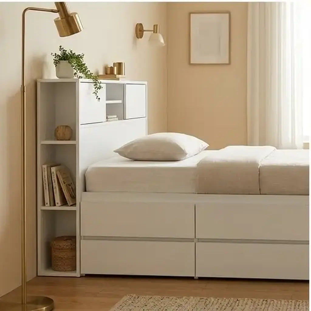White children’s storage bed with drawers and bookcase shown at room scale in a children’s bedroom