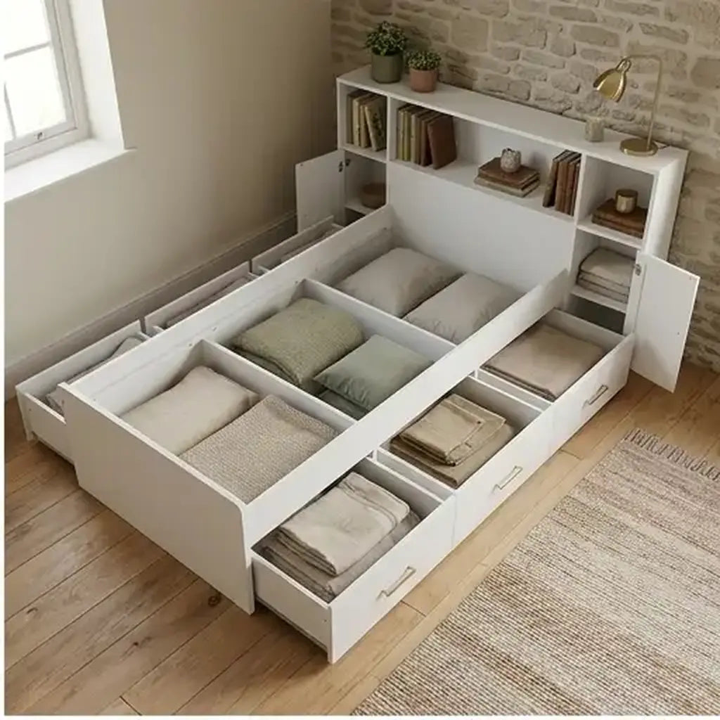 White children’s storage bed with drawers and bookcase premium product hero view in a children’s bedroom