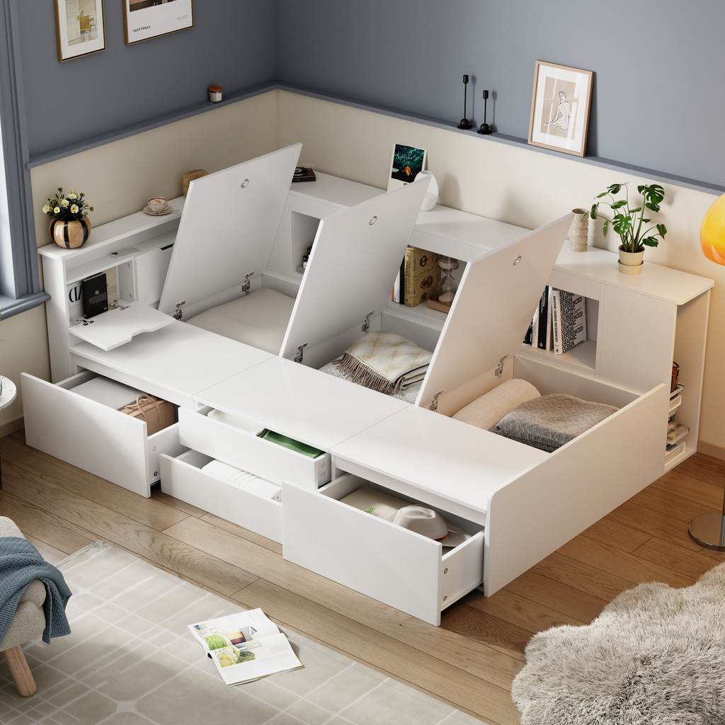 White children’s storage bed with drawers and bookcase