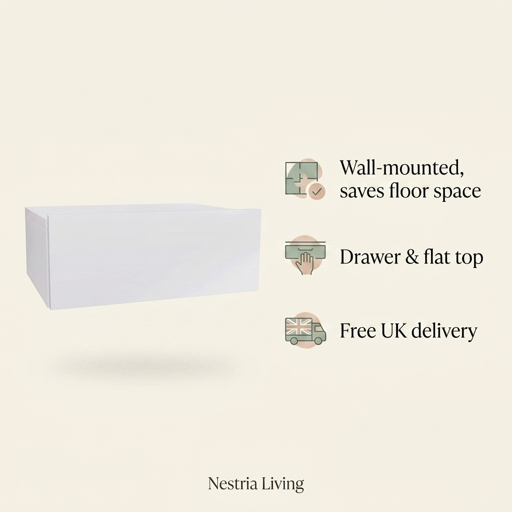 Compact white floating bedside table dimensions guide