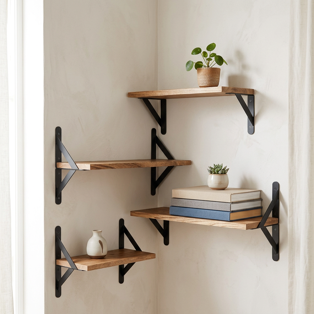 Wooden corner floating shelves with black brackets styled with plants
