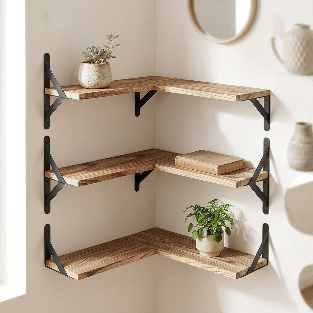Corner floating wall shelves with plants and a book in a calm interior