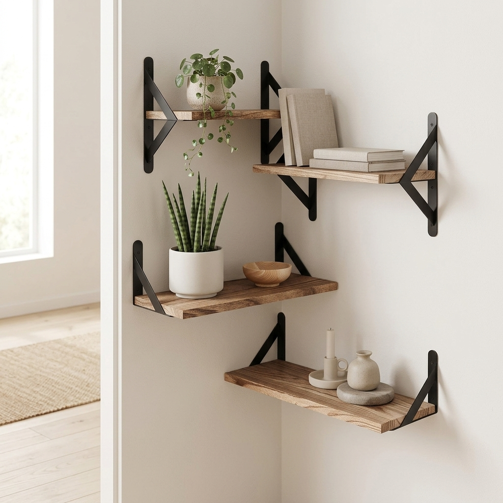 Wooden corner floating shelves styled with plants in a bright corner