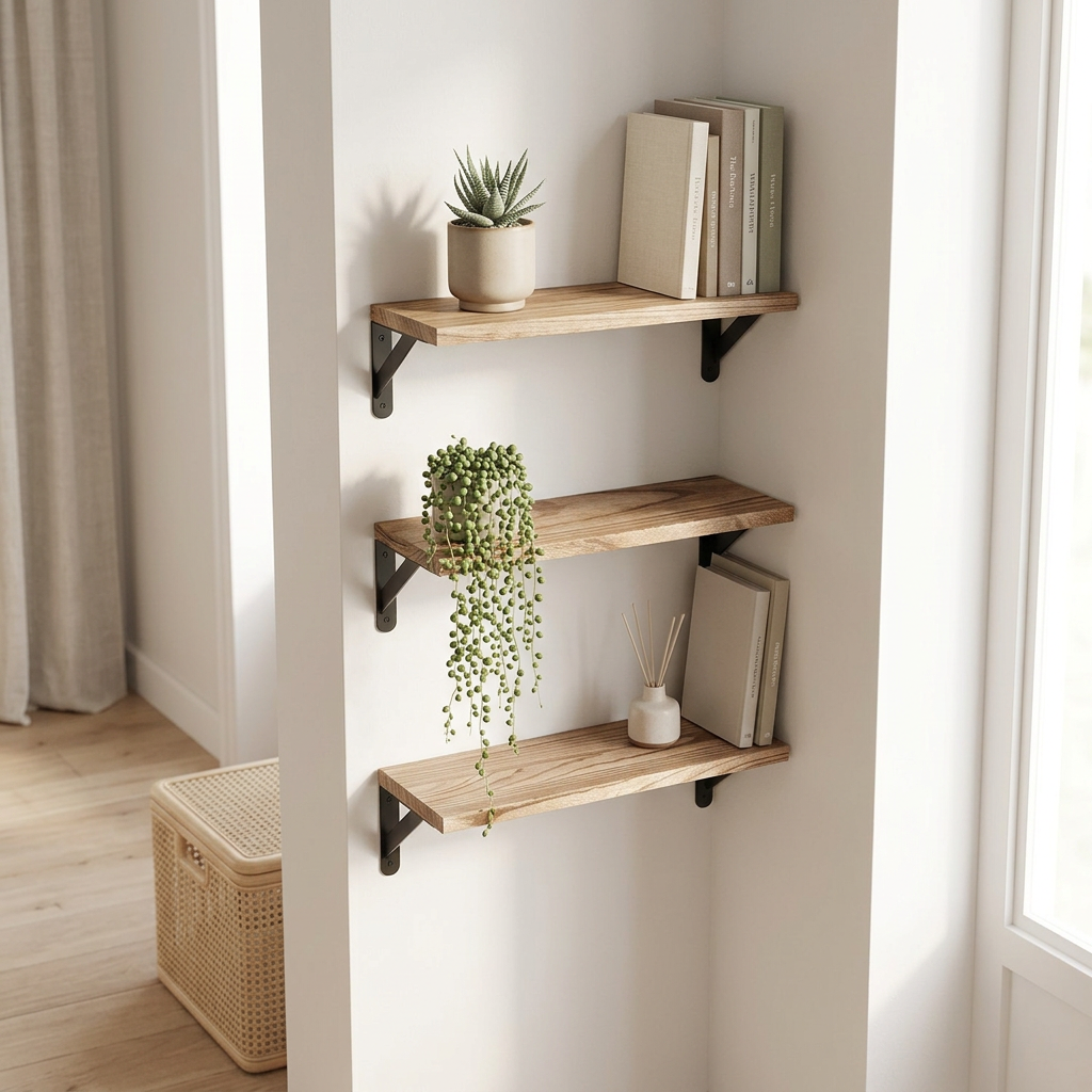 Corner floating wall shelves holding books and greenery
