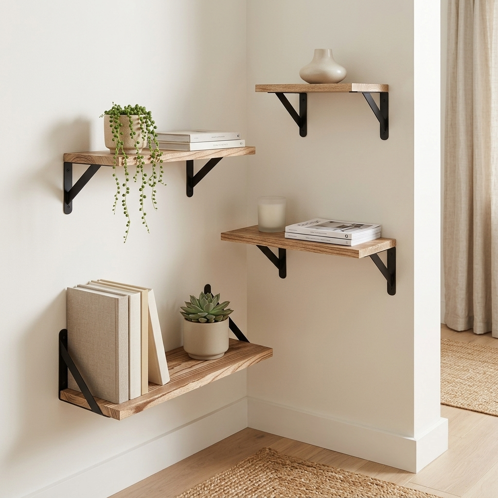 Wooden corner shelf set in a calm Scandinavian interior