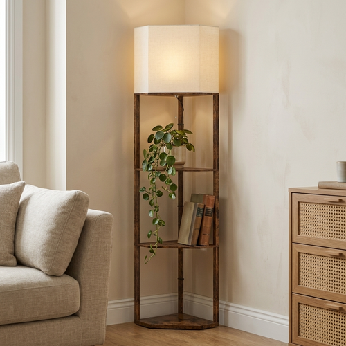 Wood-effect corner floor lamp with three shelves and a fabric shade