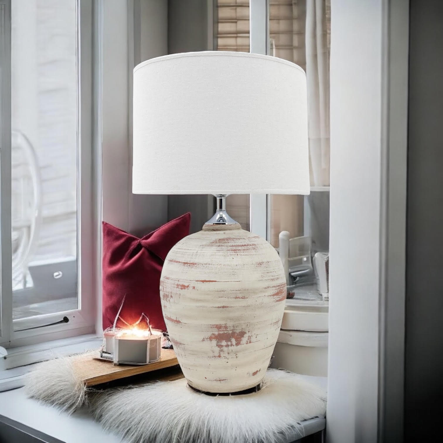 Rustic cream ceramic table lamp styled by a window seat