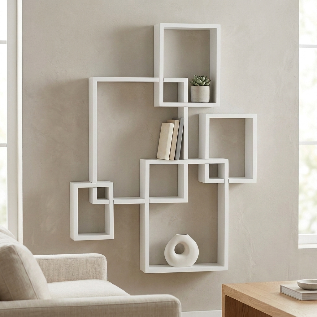 White interlocking cube floating shelves geometric wall display