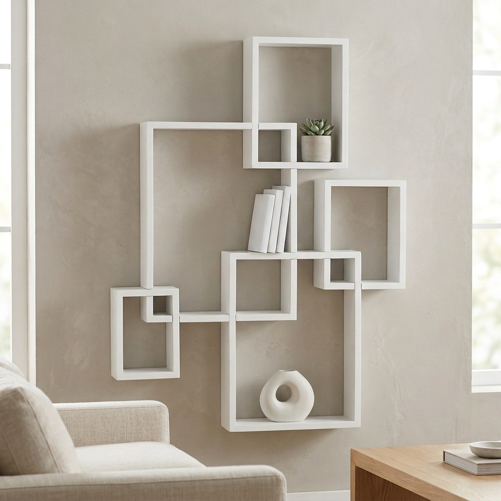 White cube wall shelves styled with plants and books