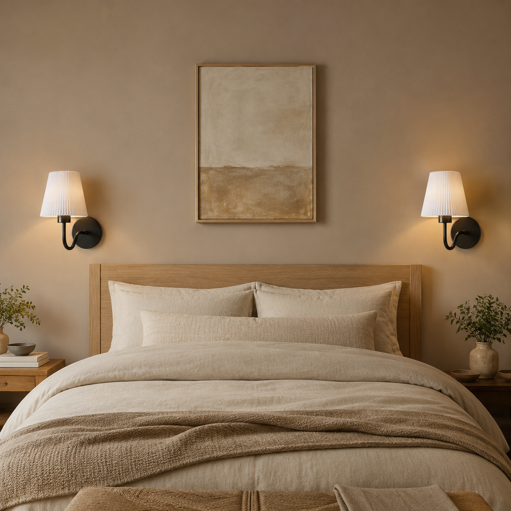 Black wireless wall lights mounted beside a natural oak bed