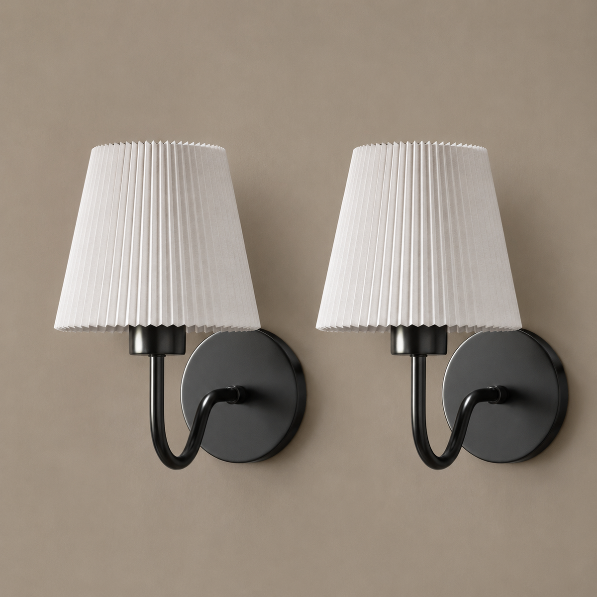 Black curved wireless wall lights set of 2 with white pleated shades