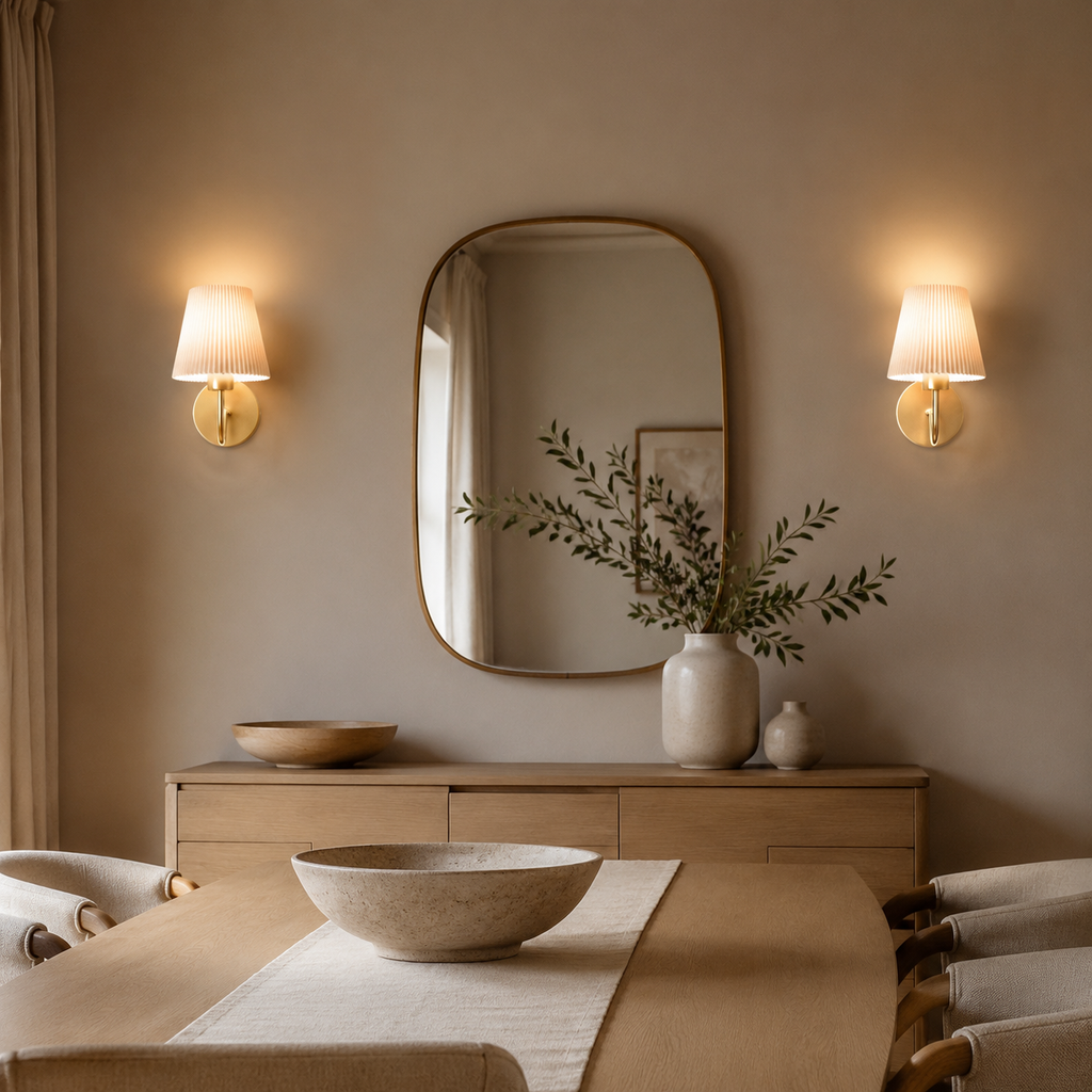 Gold curved wireless wall lights in a warm neutral dining room