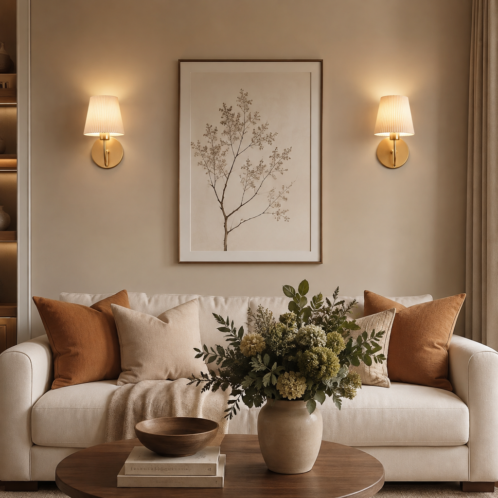 Gold wireless wall lights styled in a warm neutral living room