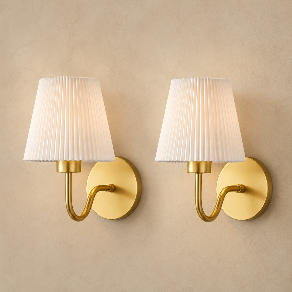 Curved wireless wall lights set of 2 in gold with white pleated shades