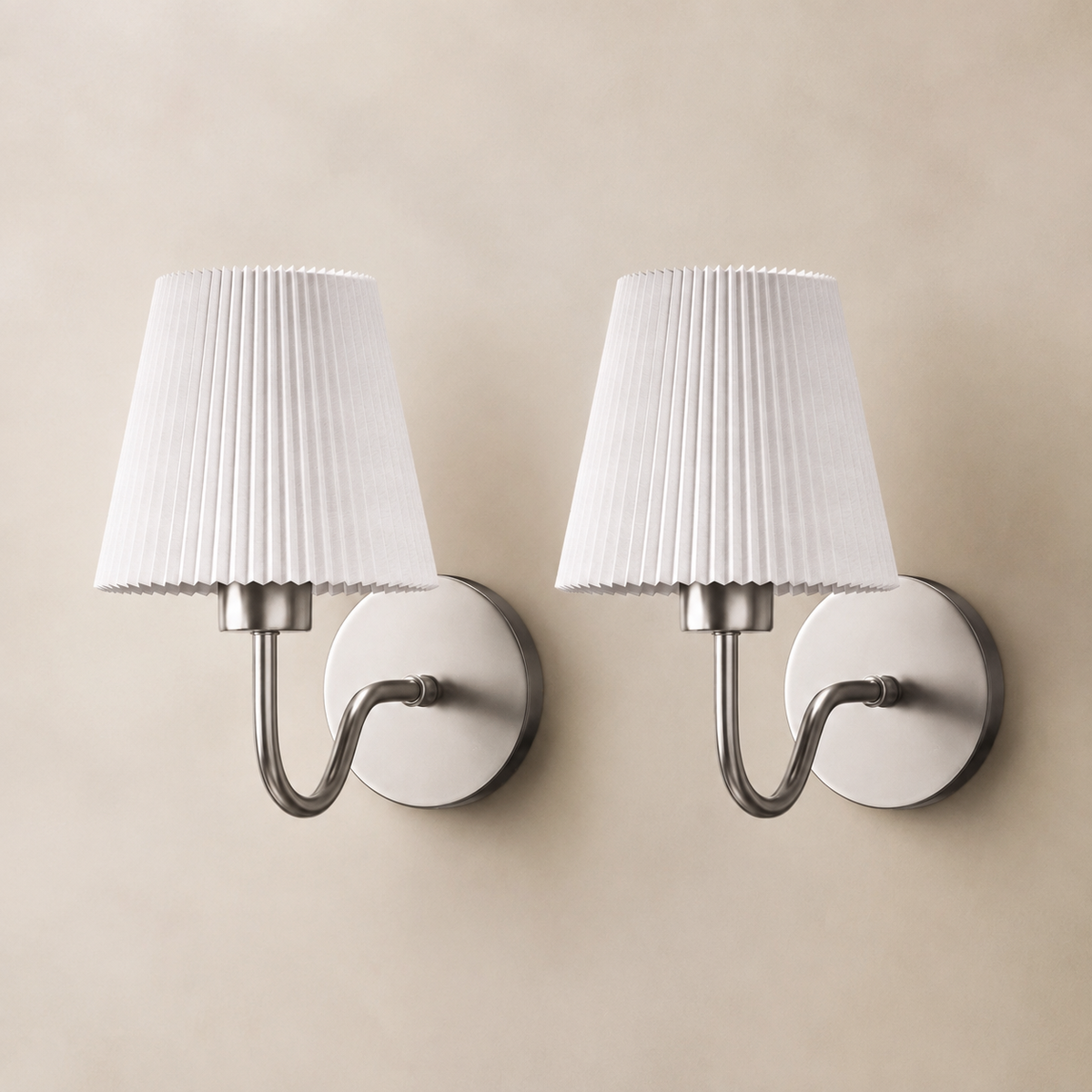 Silver curved wireless wall lights set of 2 with white pleated shades