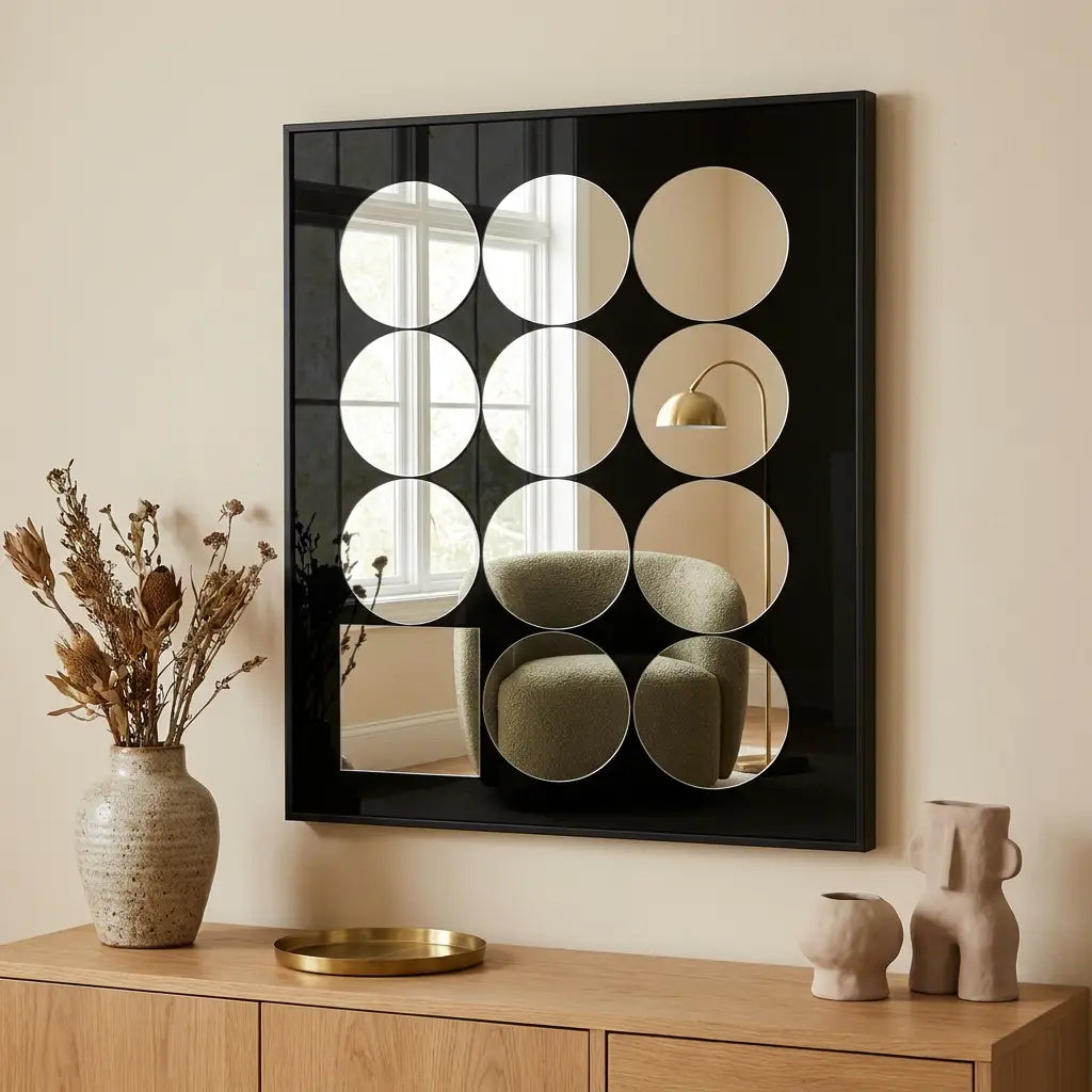 Decorative acrylic mirror wall art with black frame styled in a Nest Cream living room