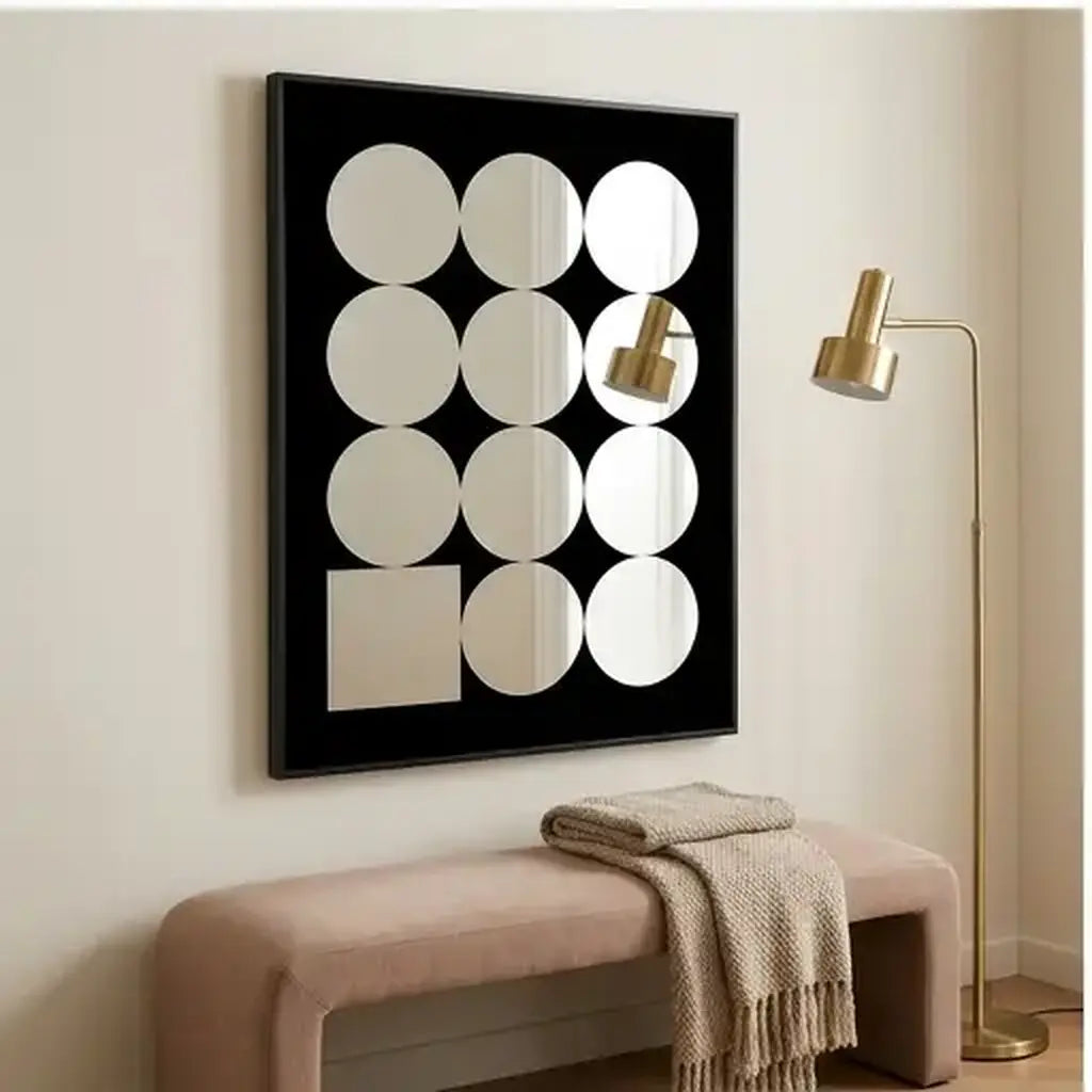 Decorative acrylic mirror wall art with black frame close product detail for a living room