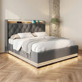 Grey linen double ottoman bed with LED headboard and charging styled in a Nest Cream bedroom