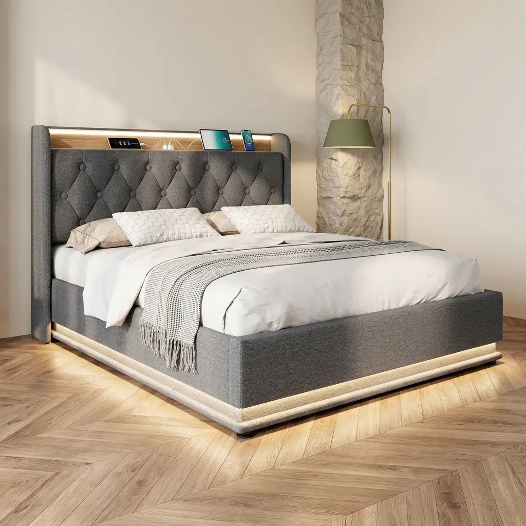 Grey linen double ottoman bed with LED headboard and charging styled in a Nest Cream bedroom