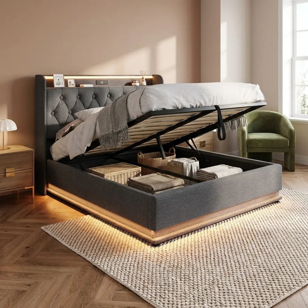 Grey linen double ottoman bed with LED headboard and charging close product detail for a bedroom