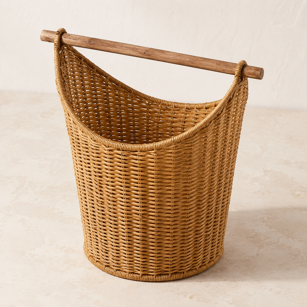 Faux rattan toilet roll holder shown from an alternative angle