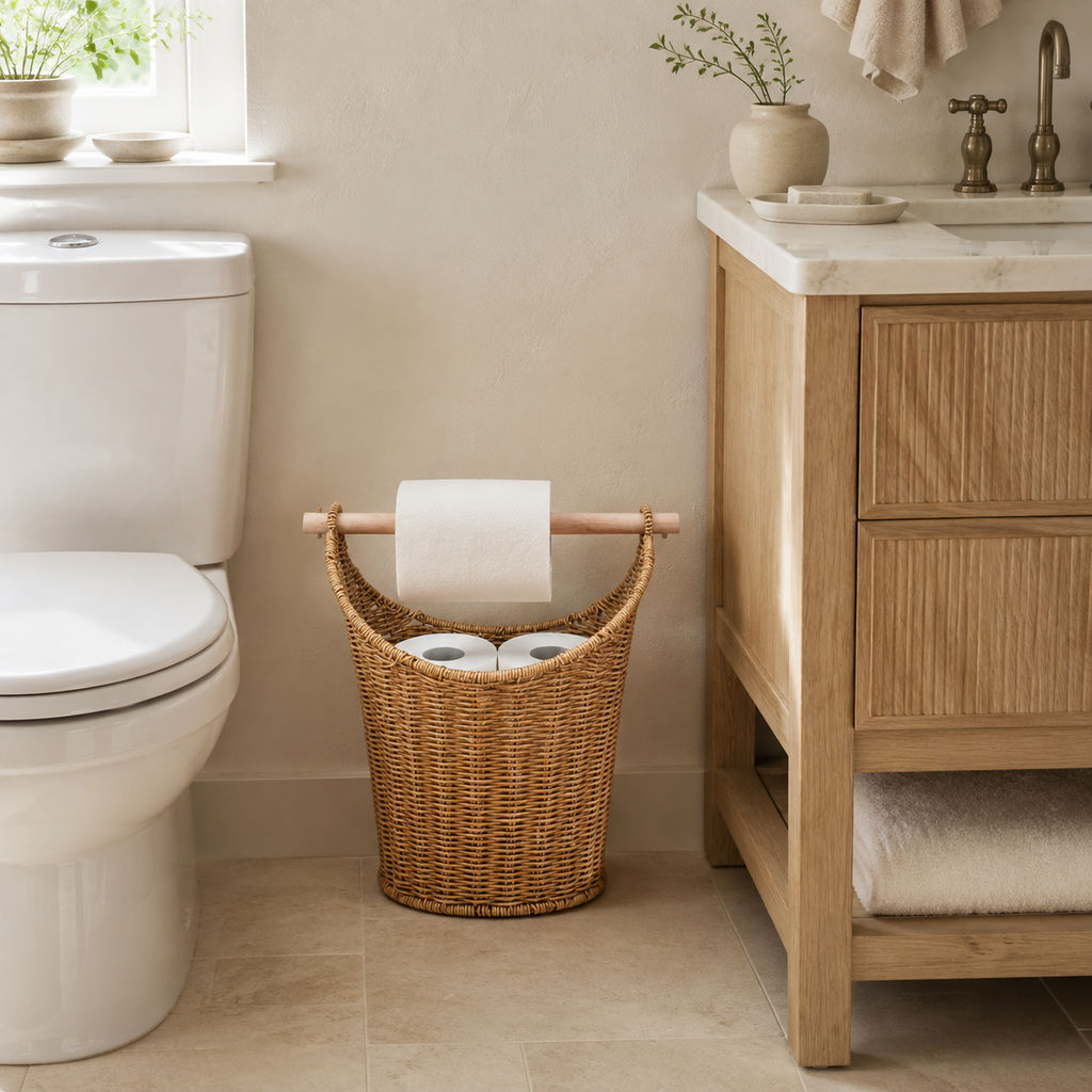 Freestanding faux rattan toilet roll holder between a toilet and vanity