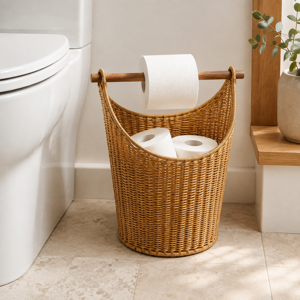 Faux rattan toilet roll holder with spare rolls beside a white toilet