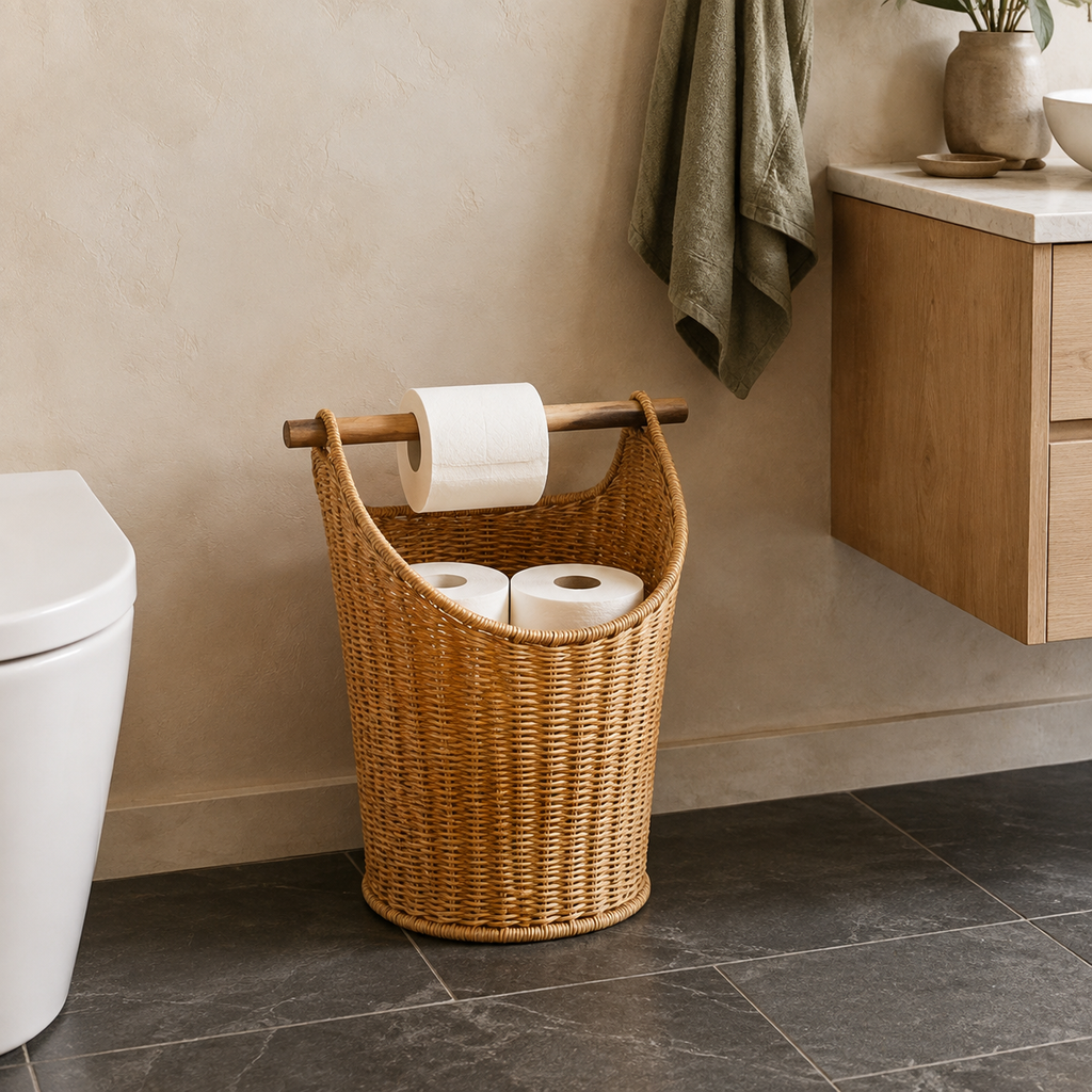 Brown woven toilet roll storage basket in a compact bathroom