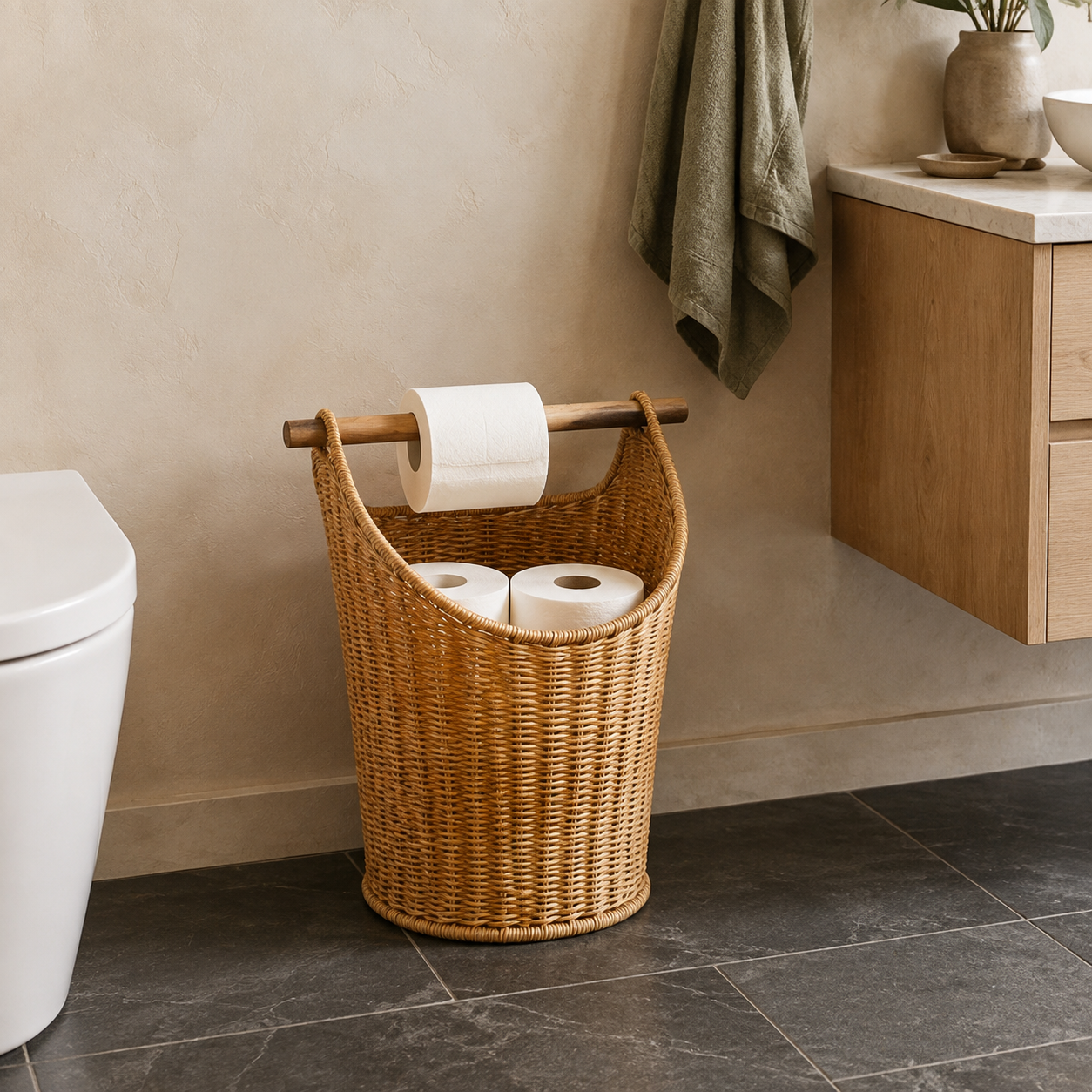 Brown woven toilet roll storage basket in a compact bathroom