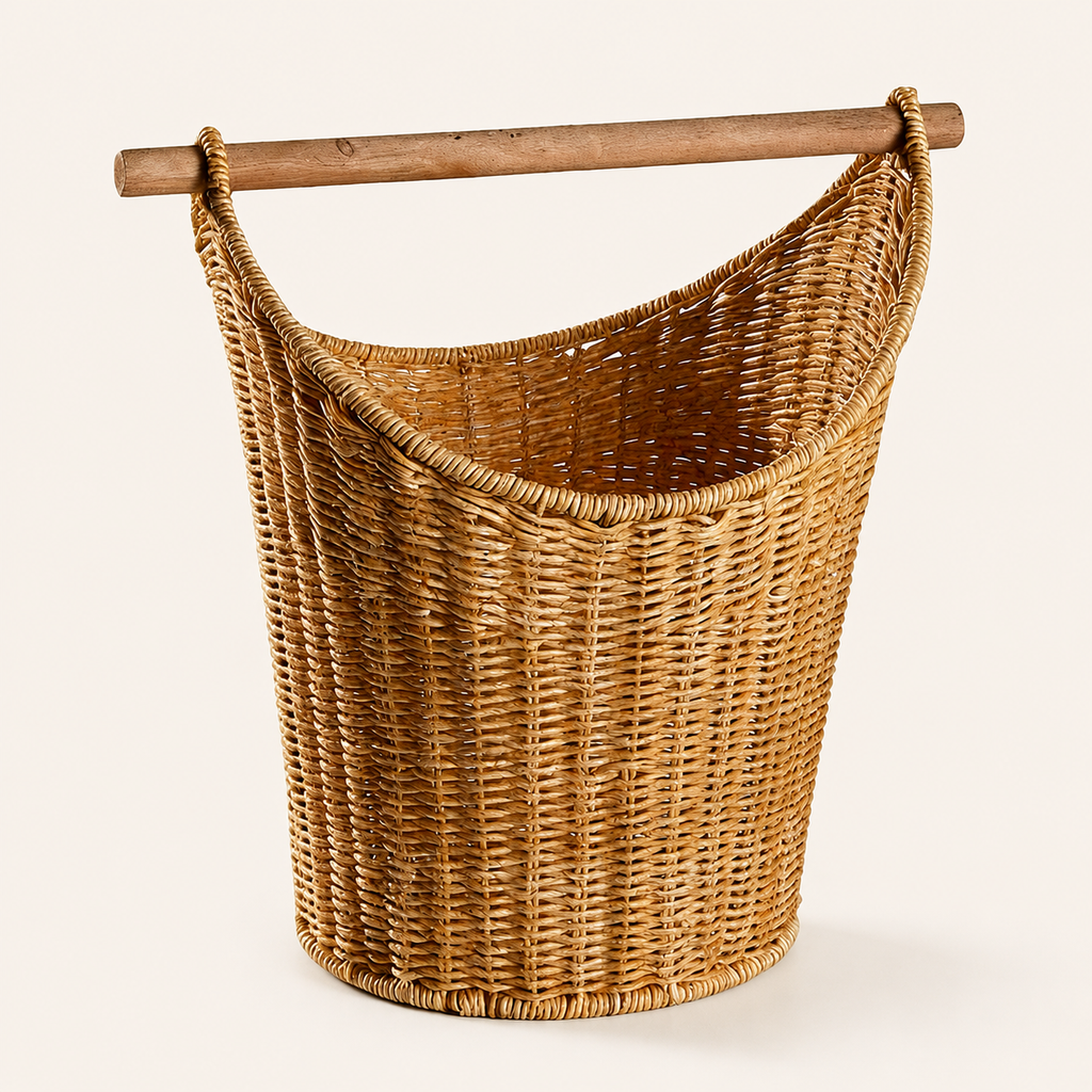 Brown faux rattan toilet roll holder with a wooden bar