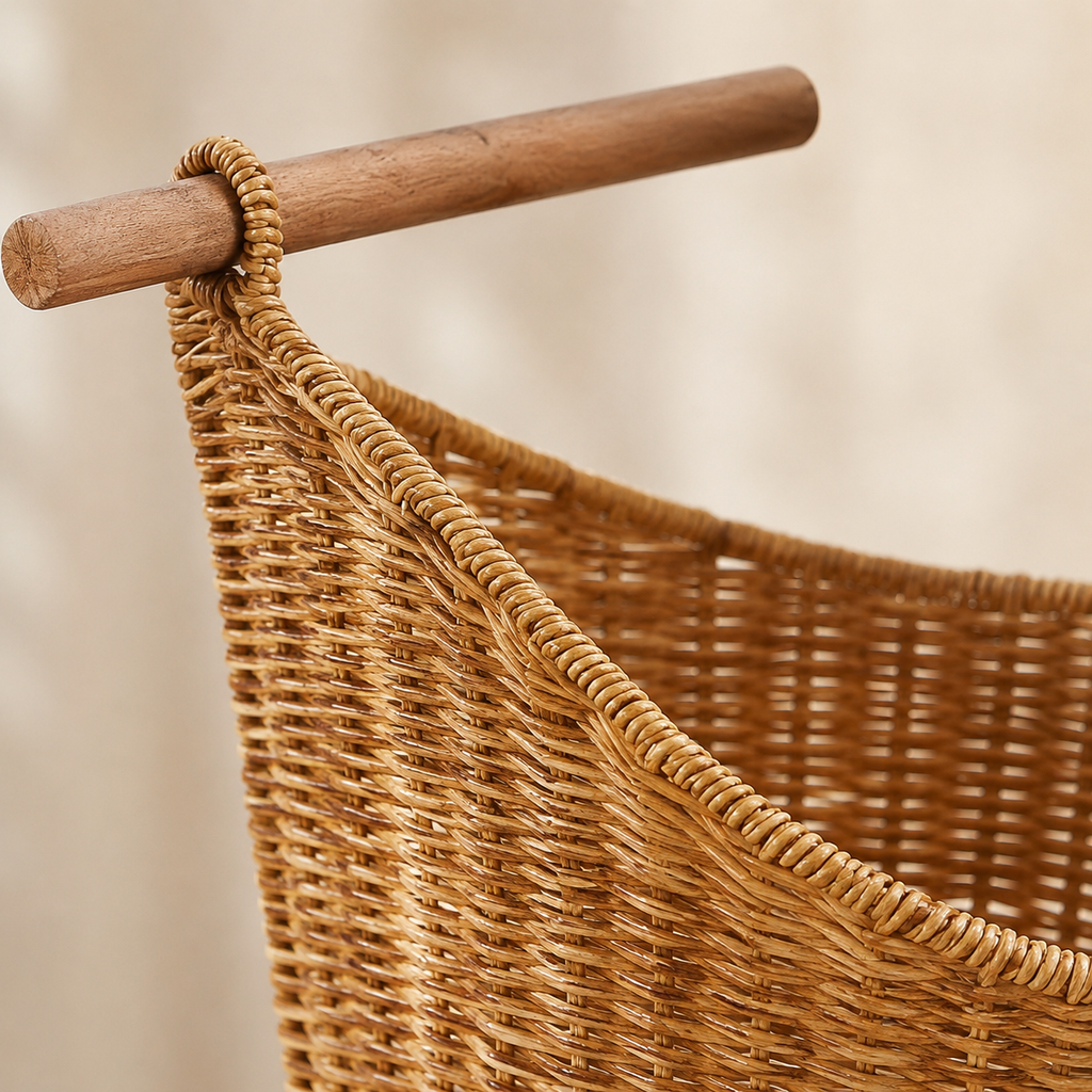 Close-up of the wooden bar and woven faux rattan bathroom holder