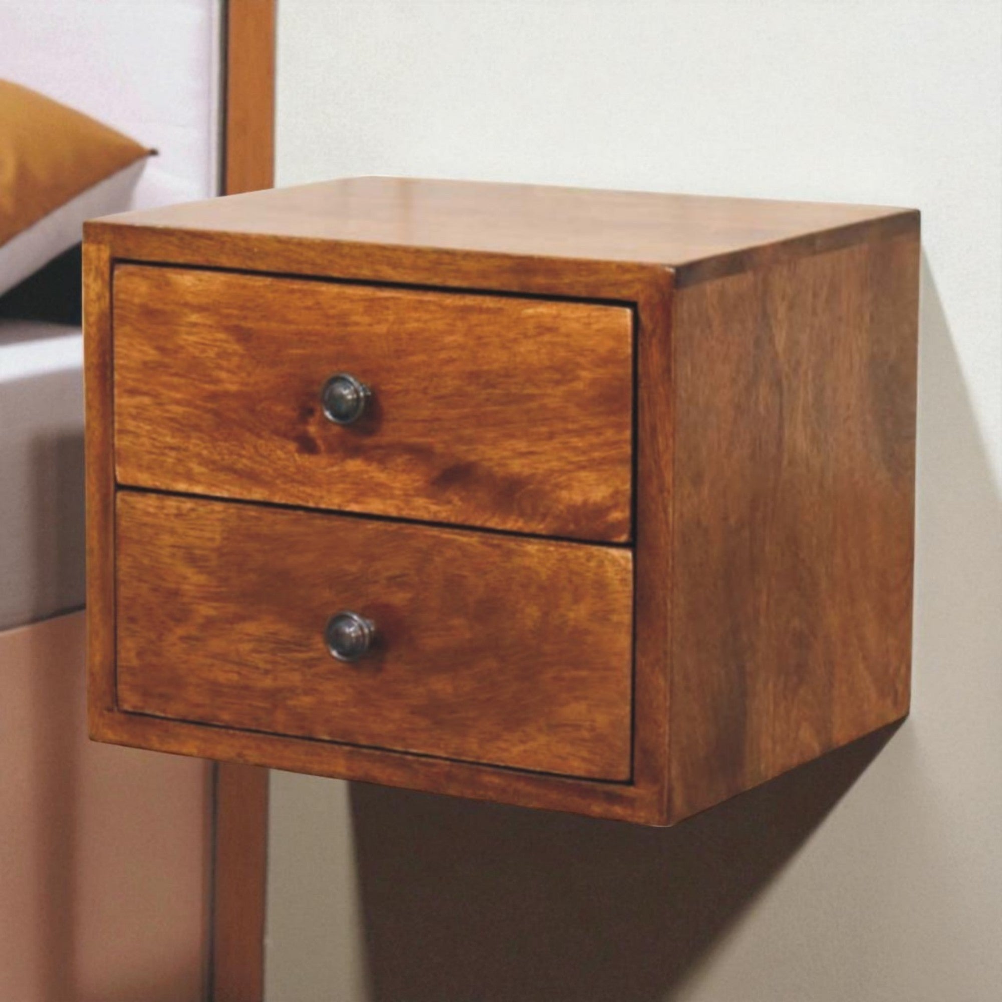Floating solid wood bedside table in chestnut, front view