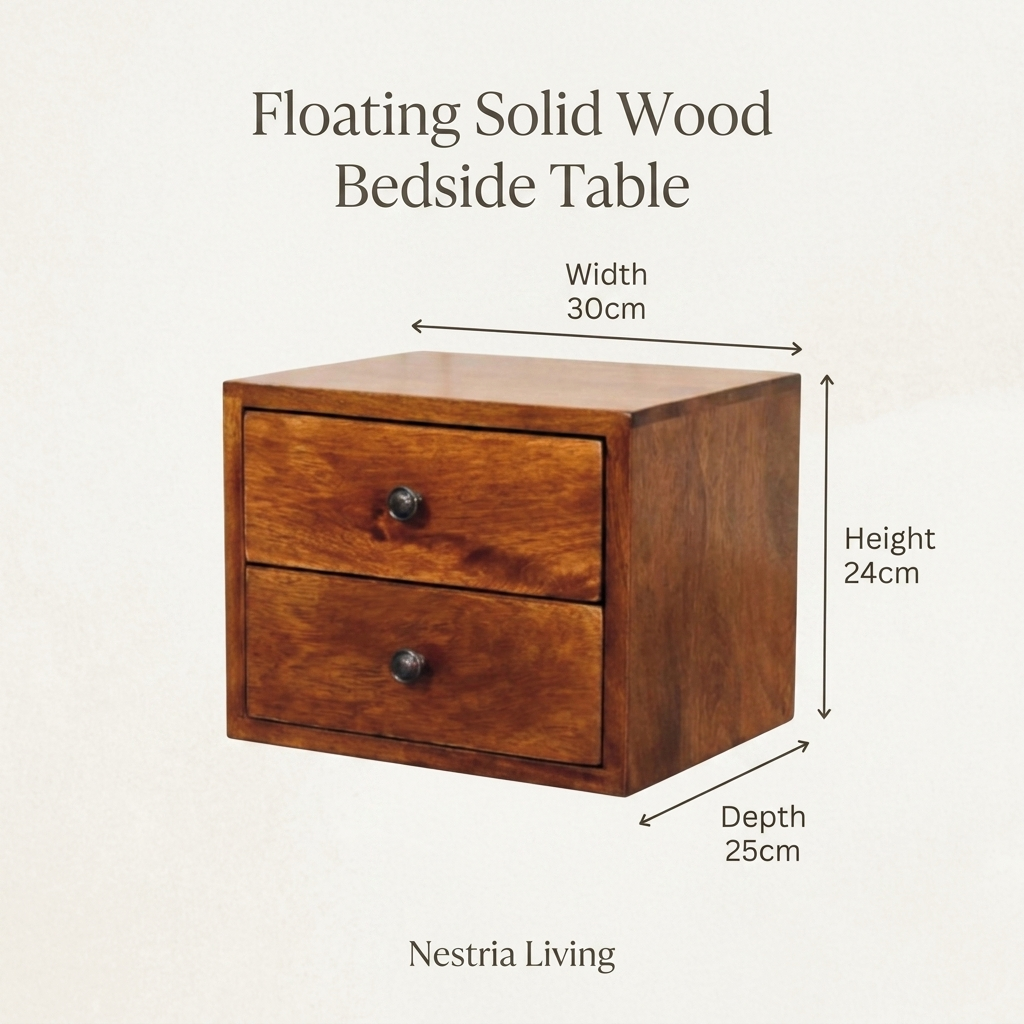 Floating chestnut bedside table, side profile