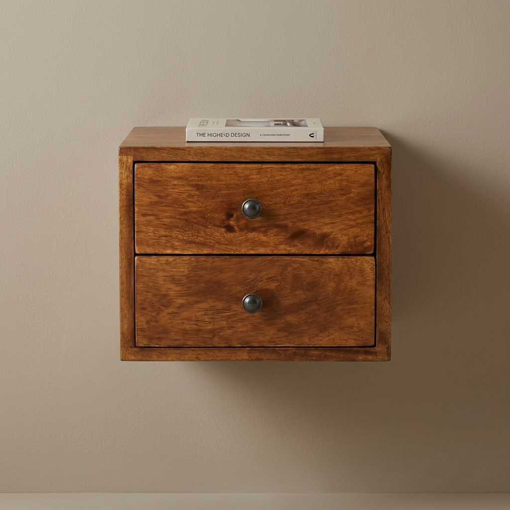 Floating solid wood bedside table with two drawers