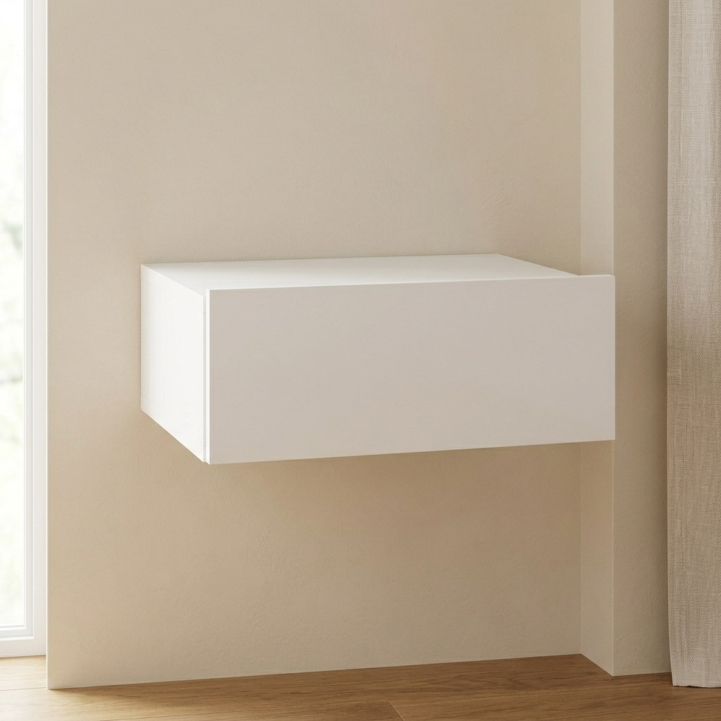 Floating white bedside table with a drawer