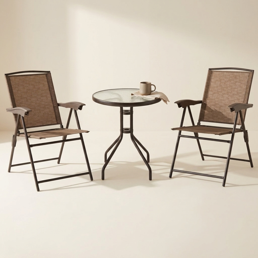 Brown folding bistro set with glass-top table and two chairs on a white background
