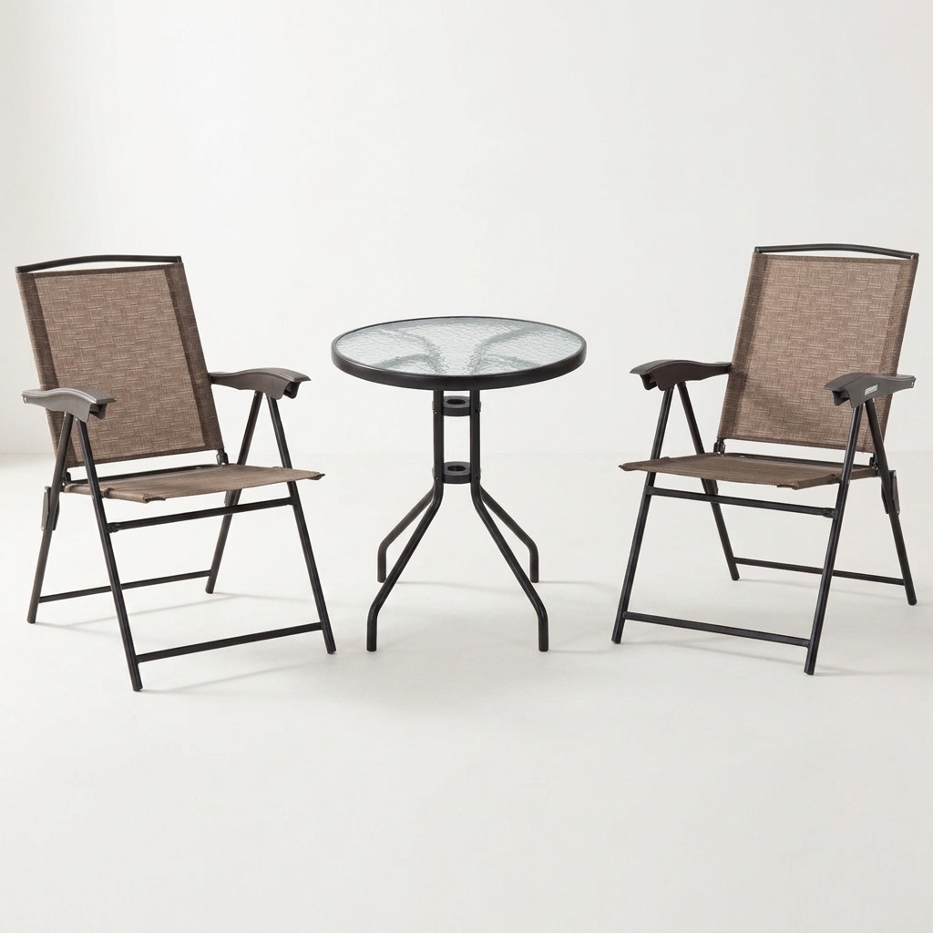 Brown folding bistro table and chairs angled studio shot