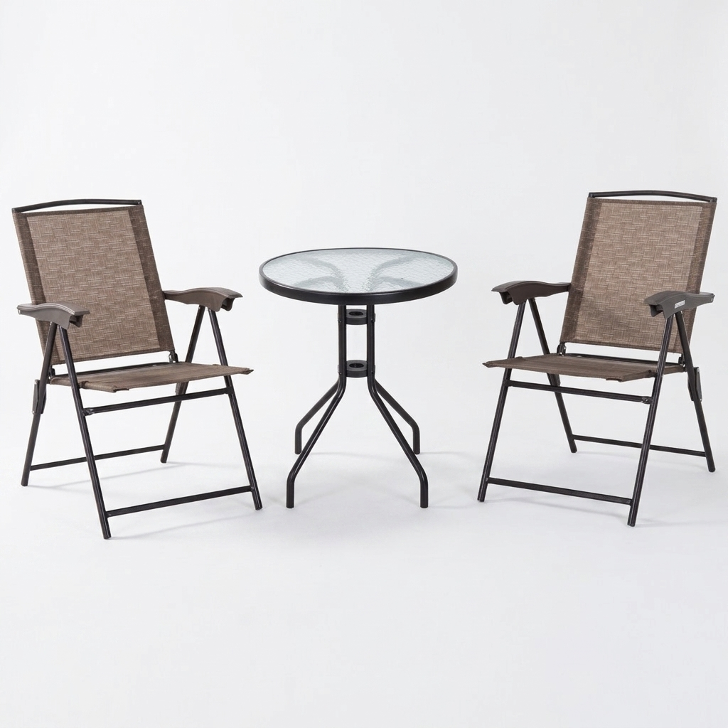 Folding bistro chair and glass table detail