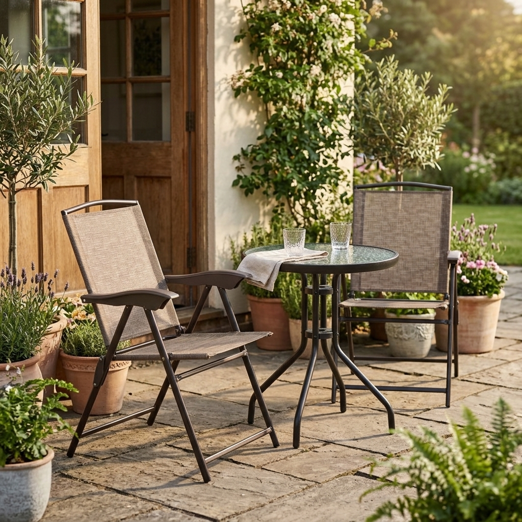 Brown folding bistro set on a calm patio with potted plants