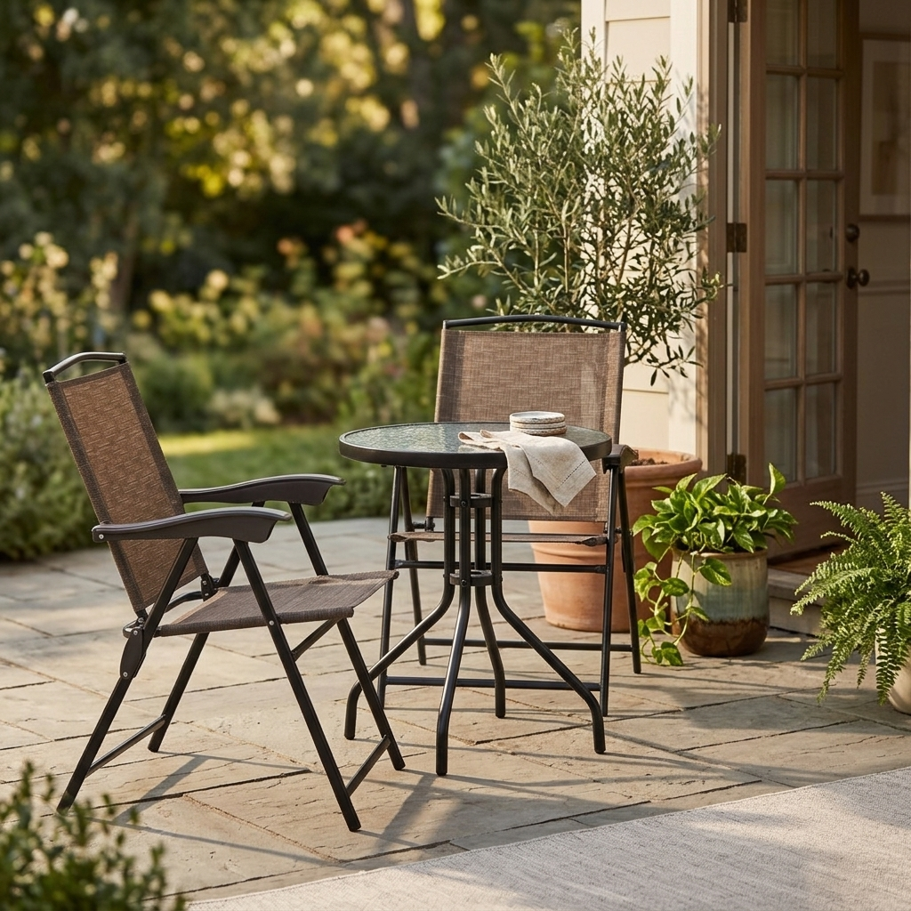 Folding bistro set styled beside a back door