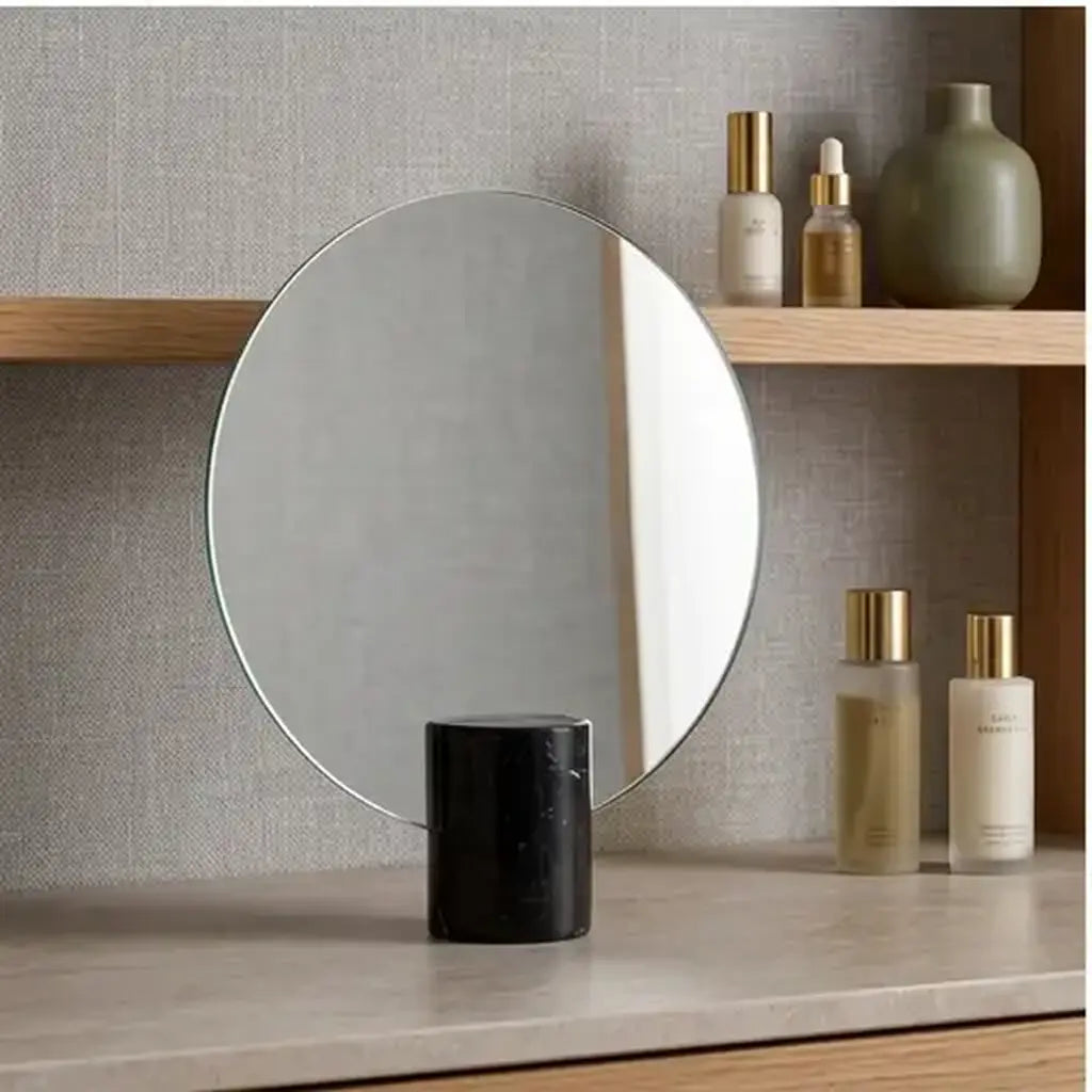 Freestanding vanity mirror with marble-effect base close product detail for a bedroom