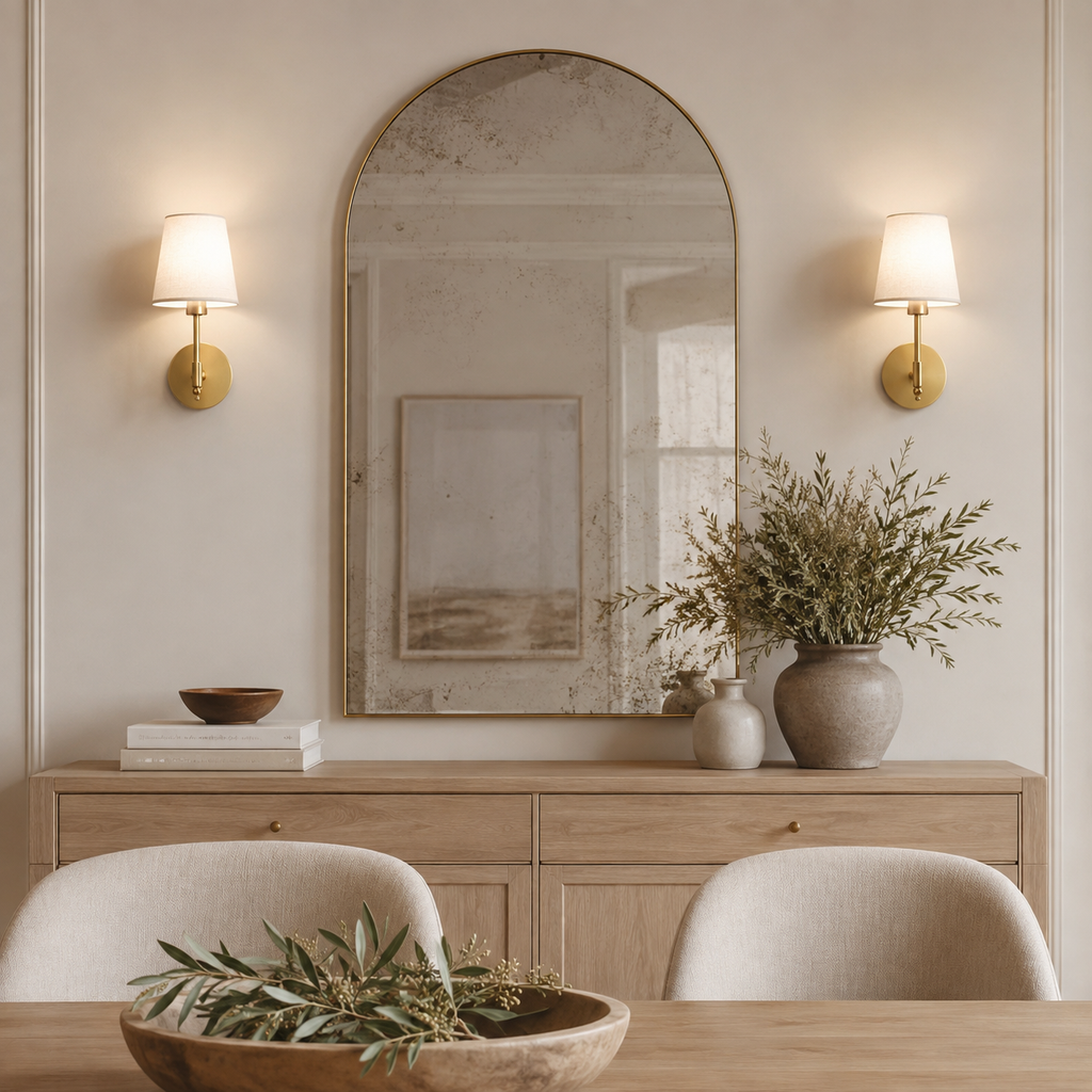 Pair of gold wireless wall lights beside an arched mirror in a neutral dining room