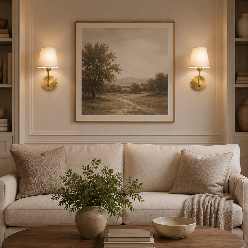 Pair of gold wireless wall lights beside framed art above a cream sofa