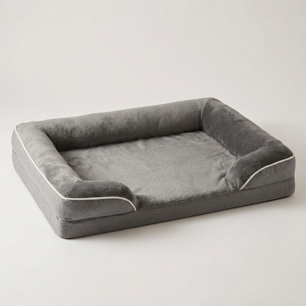 Grey pet sofa bed with plush washable cover on a white background